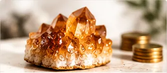 Citrine cluster with gold coins, representing abundance