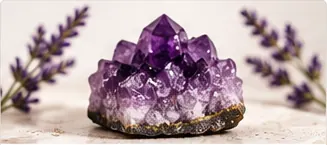 Amethyst cluster with lavender, representing wellbeing