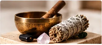 Singing bowl, sage and stones, representing traditional remedies