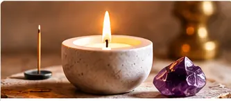 Candle, incense and amethyst, representing rituals