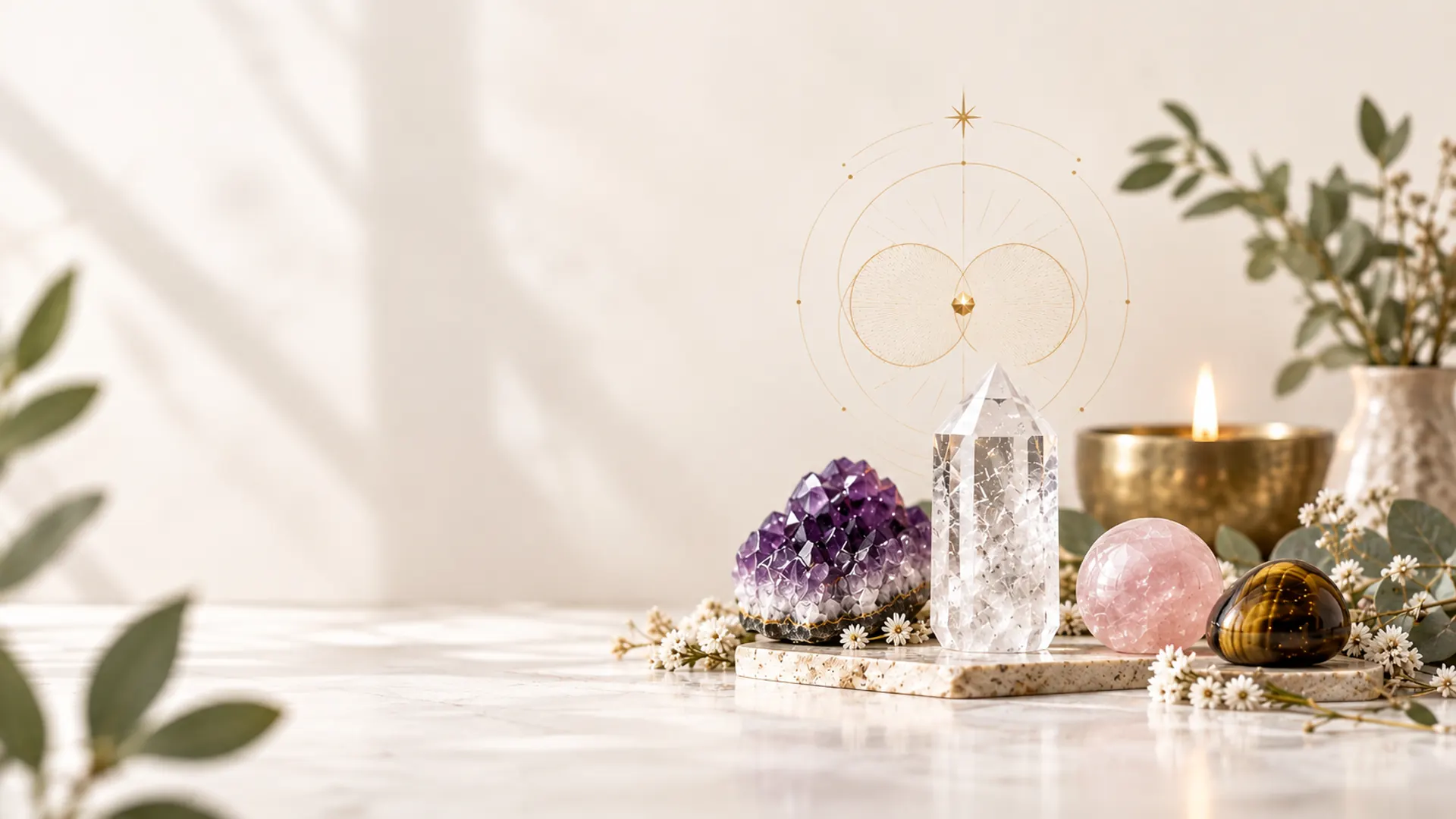 A clear quartz point, amethyst cluster, rose quartz and tiger's eye arranged with candlelight and eucalyptus