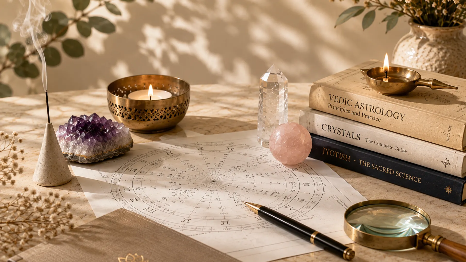 Vedic astrology books, a hand-drawn birth chart, incense and crystals on a sunlit table