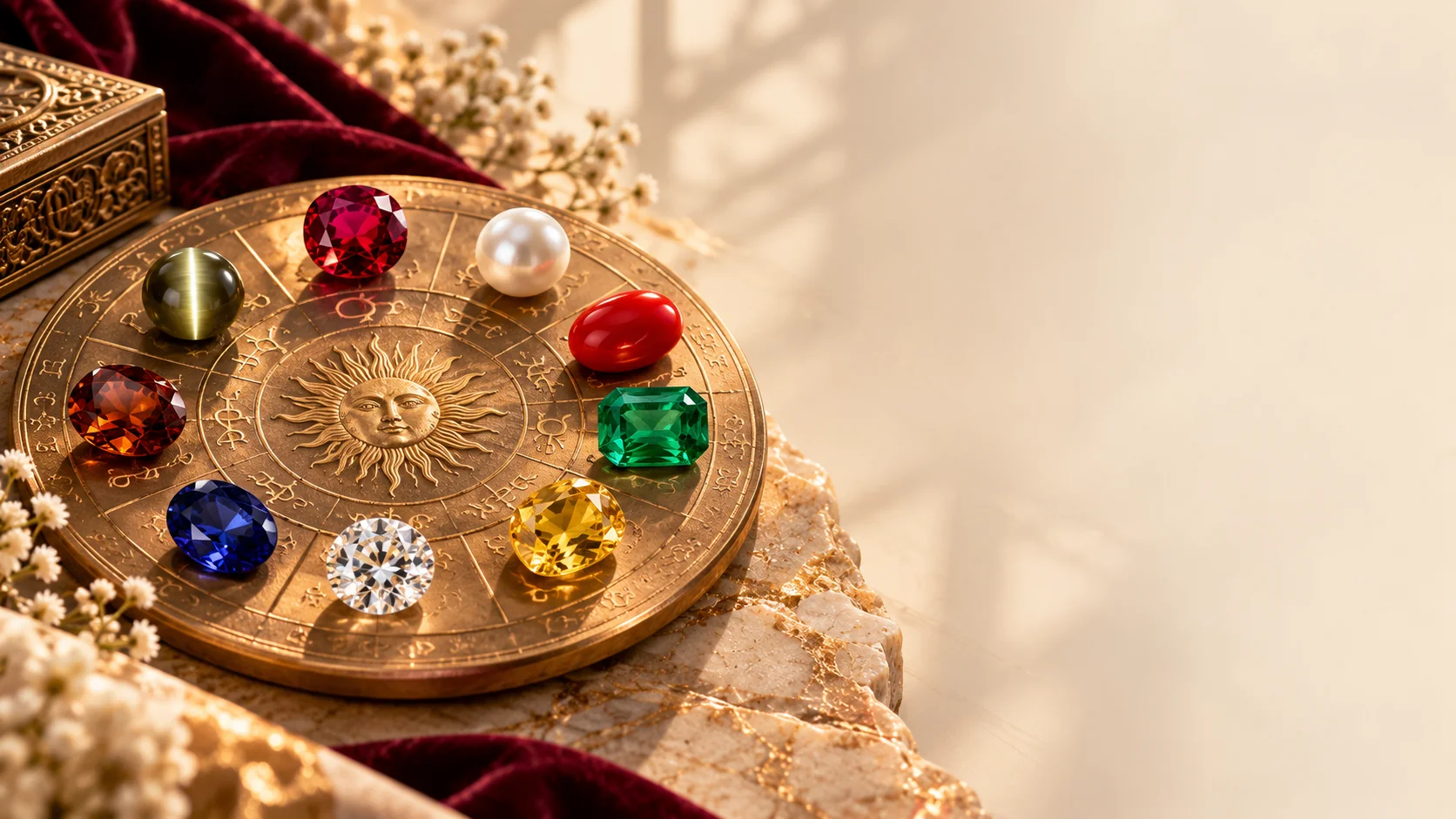 Nine gemstones arranged on a golden astrology wheel