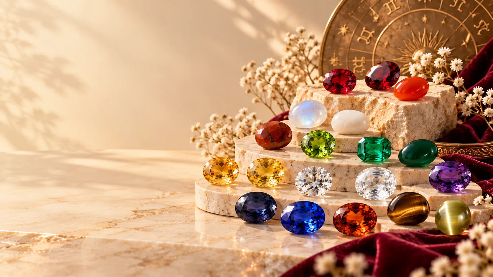 Colourful gemstones displayed on marble steps beside an astrology wheel